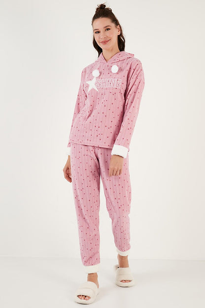 Patterned Regular Fit Hooded Fleece Pajama Set 6571004