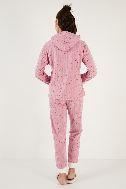 Patterned Regular Fit Hooded Fleece Pajama Set 6571004