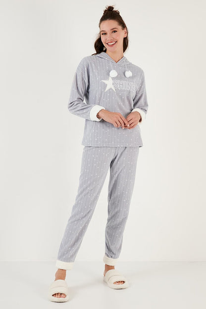 Patterned Regular Fit Hooded Fleece Pajama Set 6571004