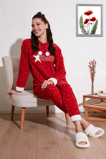 Patterned Regular Fit Hooded Fleece Pajama Set 6571004