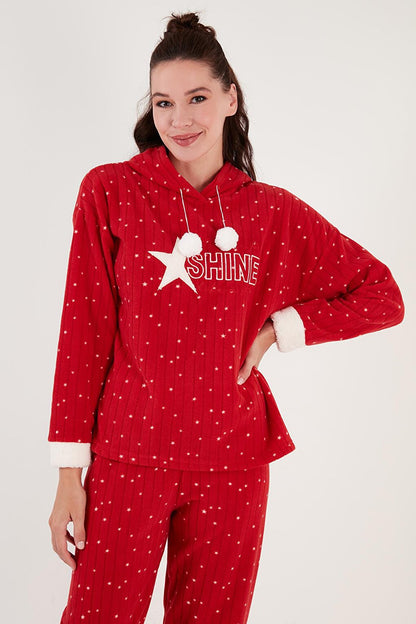 Patterned Regular Fit Hooded Fleece Pajama Set 6571004