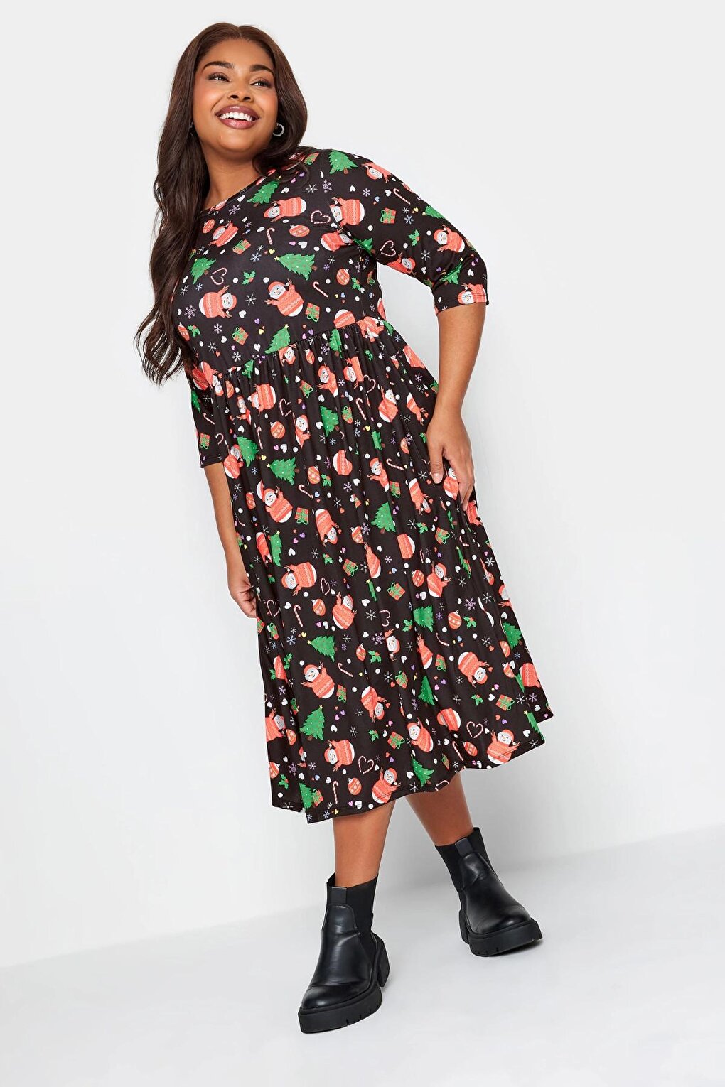 Plus Size New Year's Patterned Crew Neck Half Sleeve Maxi Dress 215927