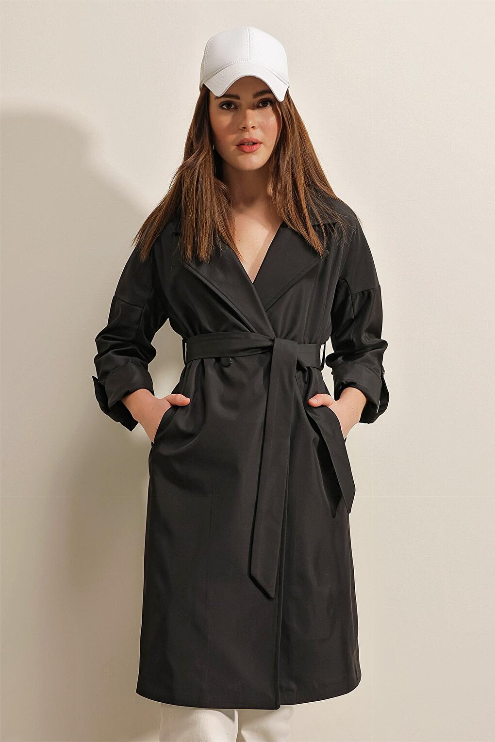 Women's Black Double Breasted Collar Tie Waist Folded Sleeve Trench Coat