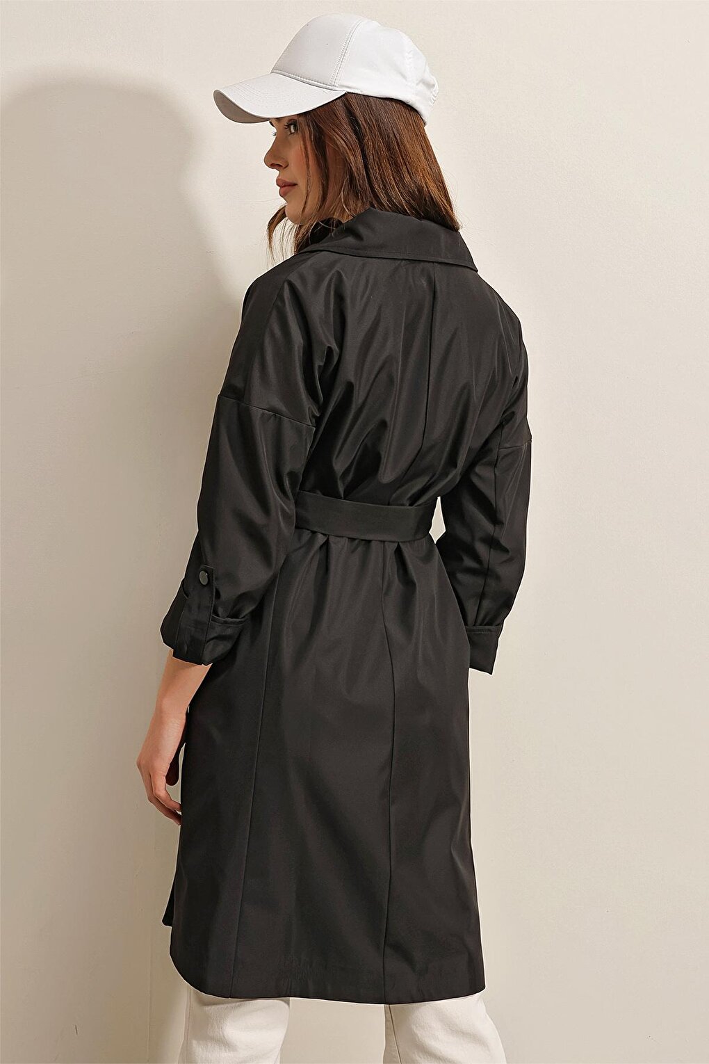 Women's Black Double Breasted Collar Tie Waist Folded Sleeve Trench Coat