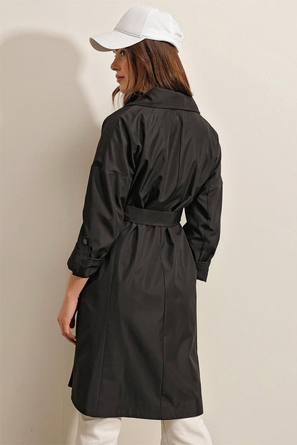 Women's Black Double Breasted Collar Tie Waist Folded Sleeve Trench Coat