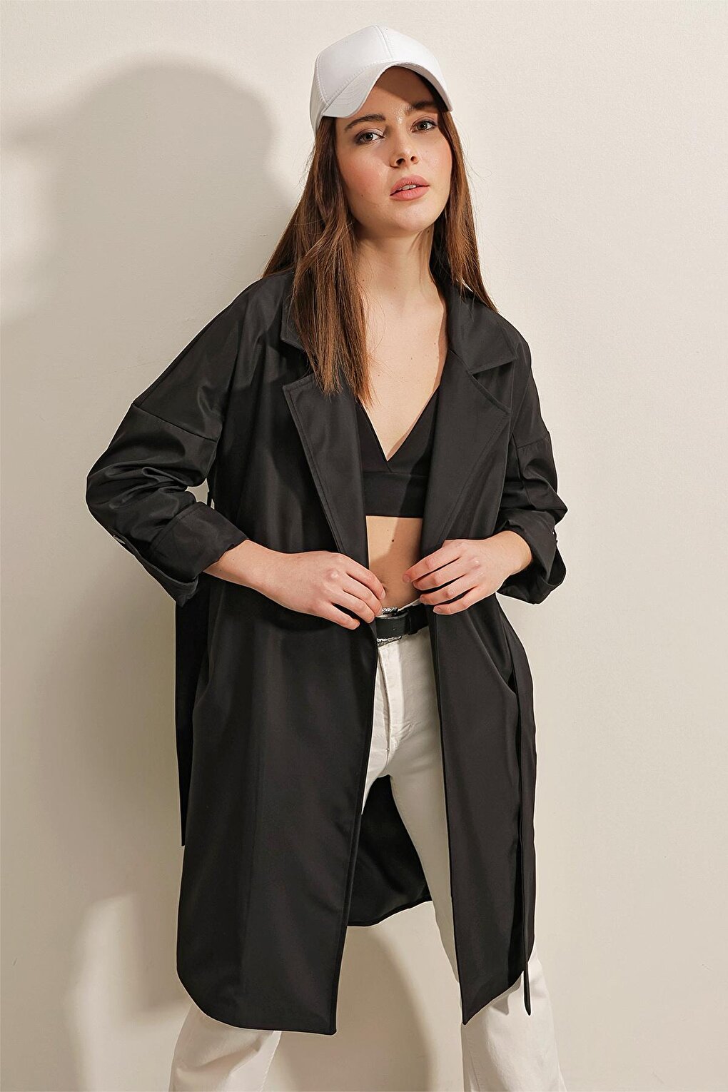 Women's Black Double Breasted Collar Tie Waist Folded Sleeve Trench Coat