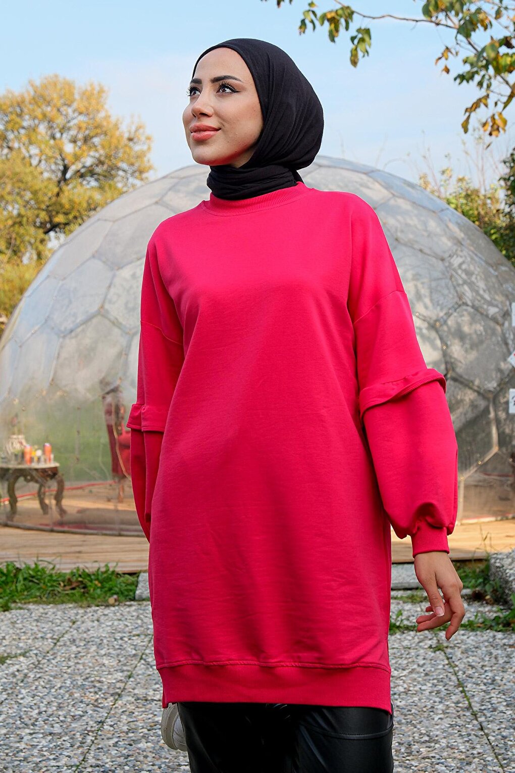 Ruffled Sleeve Crew Neck Tunic Fuchsia