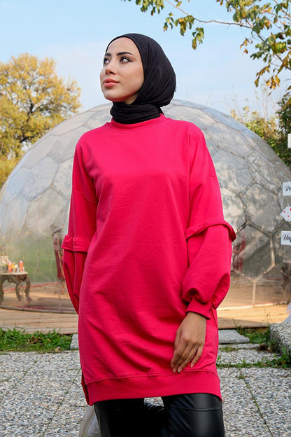 Ruffled Sleeve Crew Neck Tunic Fuchsia