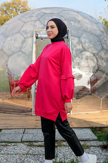 Ruffled Sleeve Crew Neck Tunic Fuchsia