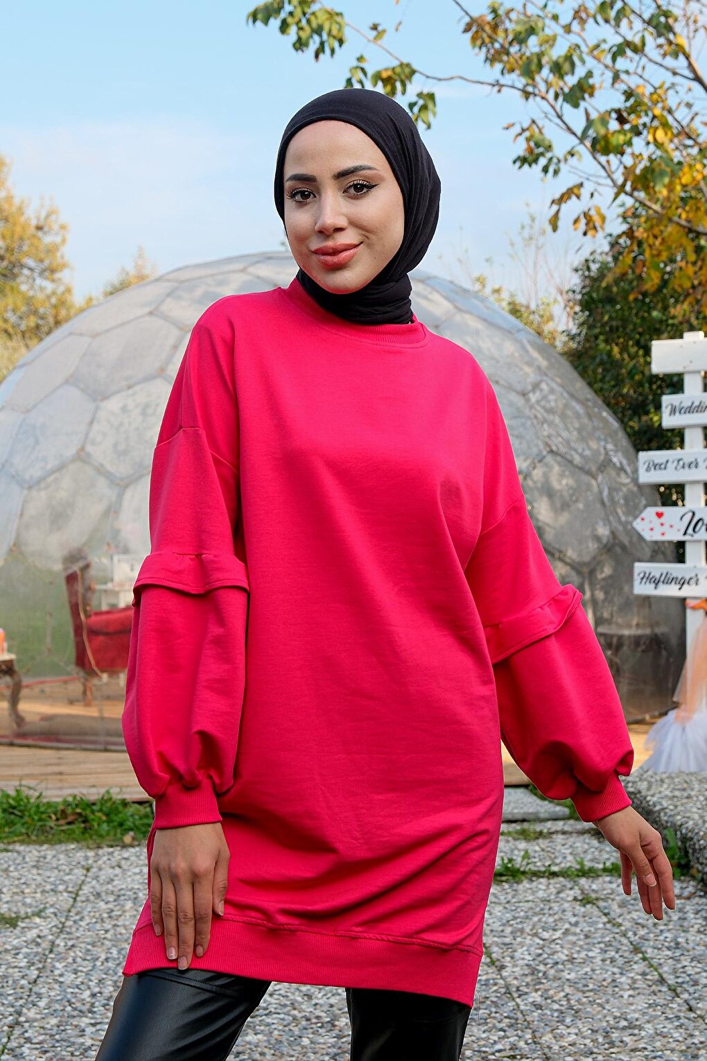 Ruffled Sleeve Crew Neck Tunic Fuchsia