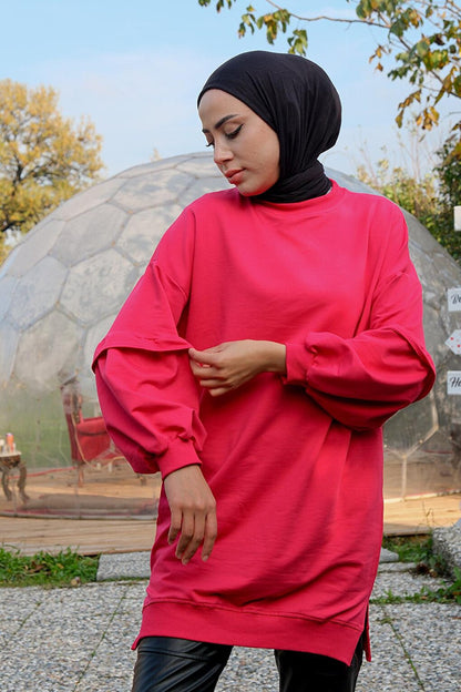 Ruffled Sleeve Crew Neck Tunic Fuchsia