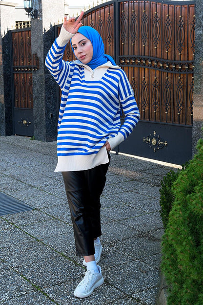 Half Zipper Striped Knitwear Tunic Blue