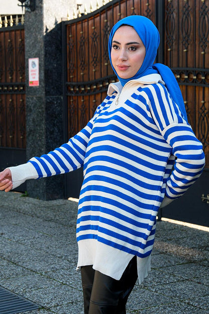 Half Zipper Striped Knitwear Tunic Blue