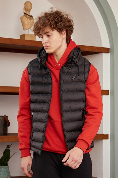 Men's Removable Hooded Standard Mold Puffer Vest Black