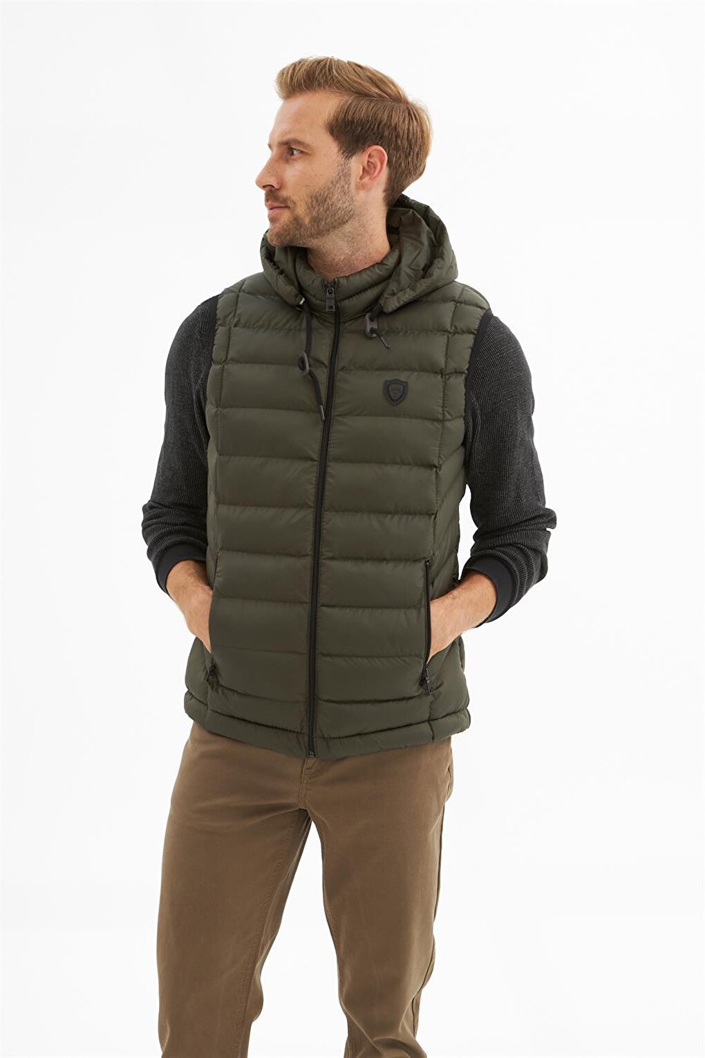 Men's Removable Hooded Standard Mold Puffer Vest Khaki