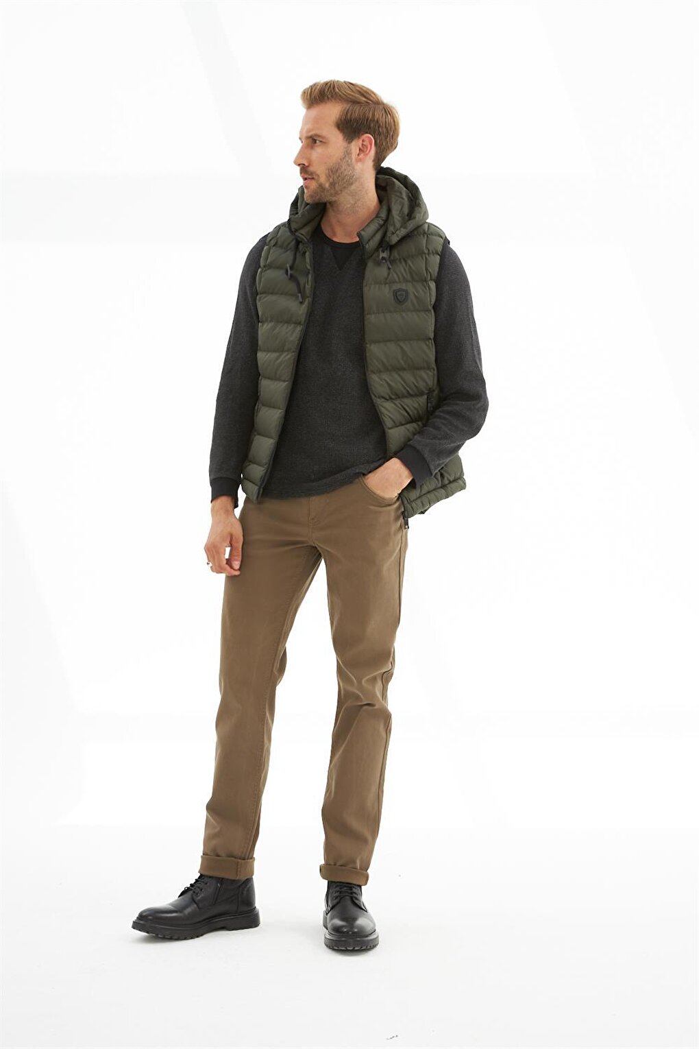 Men's Removable Hooded Standard Mold Puffer Vest Khaki