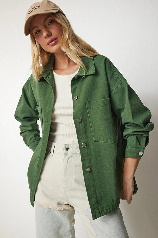 Women's Khaki Oversize Metal Button Pocket Detailed Shirt Jacket HZL23W-BD1201921