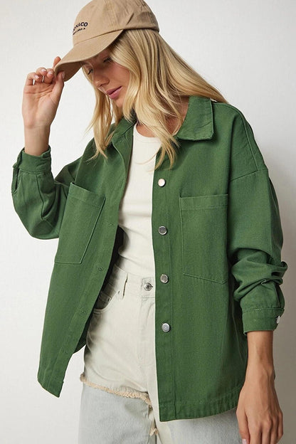 Women's Khaki Oversize Metal Button Pocket Detailed Shirt Jacket HZL23W-BD1201921