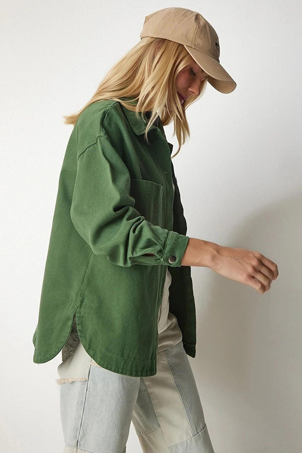 Women's Khaki Oversize Metal Button Pocket Detailed Shirt Jacket HZL23W-BD1201921