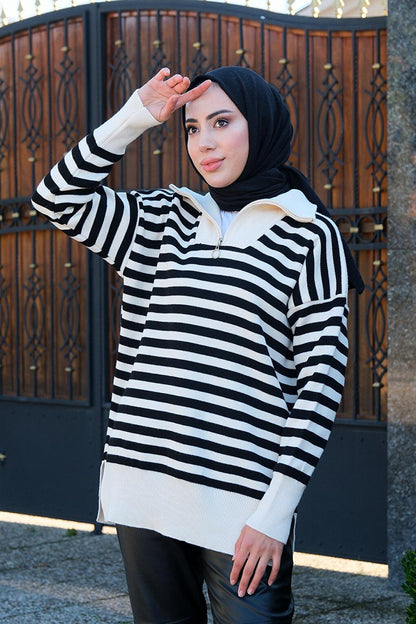 Half Zipper Striped Knitwear Tunic Black