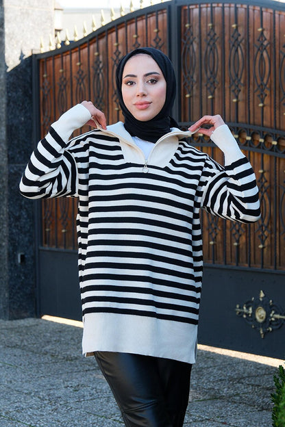 Half Zipper Striped Knitwear Tunic Black