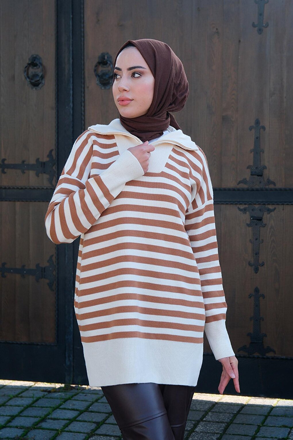 Half Zipper Striped Knitwear Tunic Cinnamon