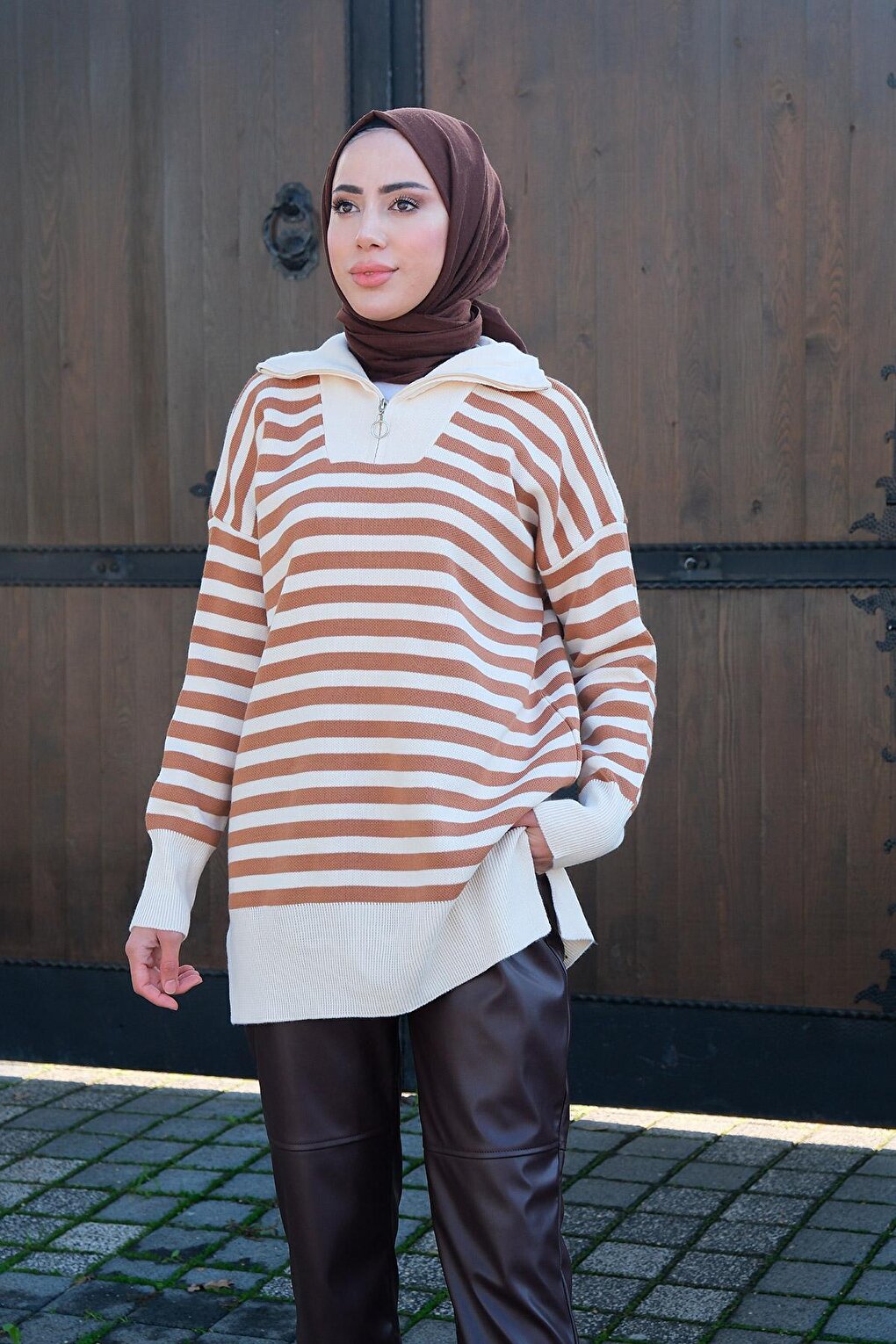 Half Zipper Striped Knitwear Tunic Cinnamon