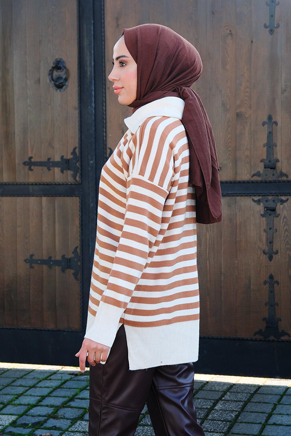 Half Zipper Striped Knitwear Tunic Cinnamon