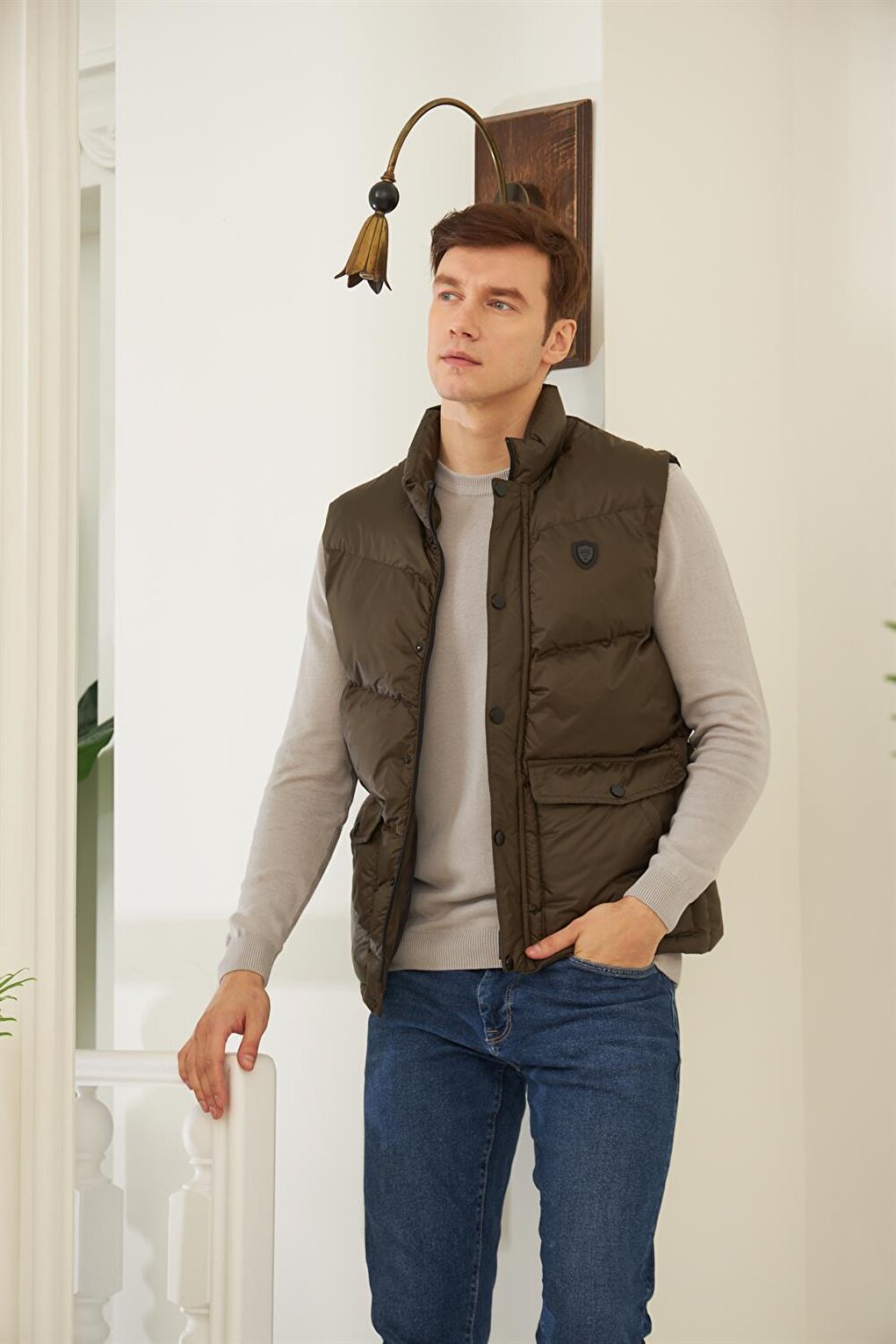 Men's Pocket Detailed Puffer Vest Khaki