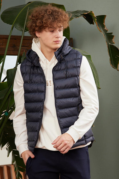 Men's Removable Hooded Standard Mold Puffer Vest Navy Blue