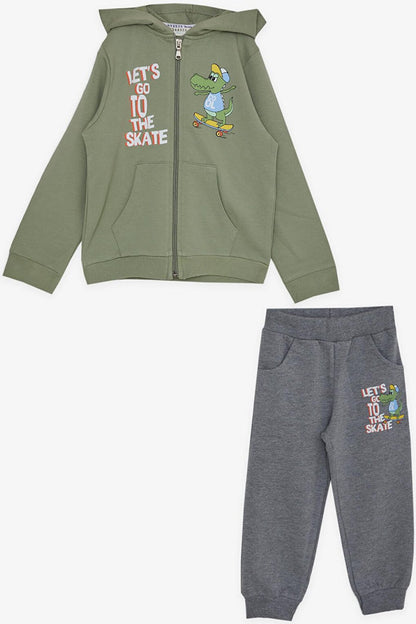 Boys' Tracksuit Set Zippered Skateboarder Crocodile Printed Khaki Green (1.5-5 Years)