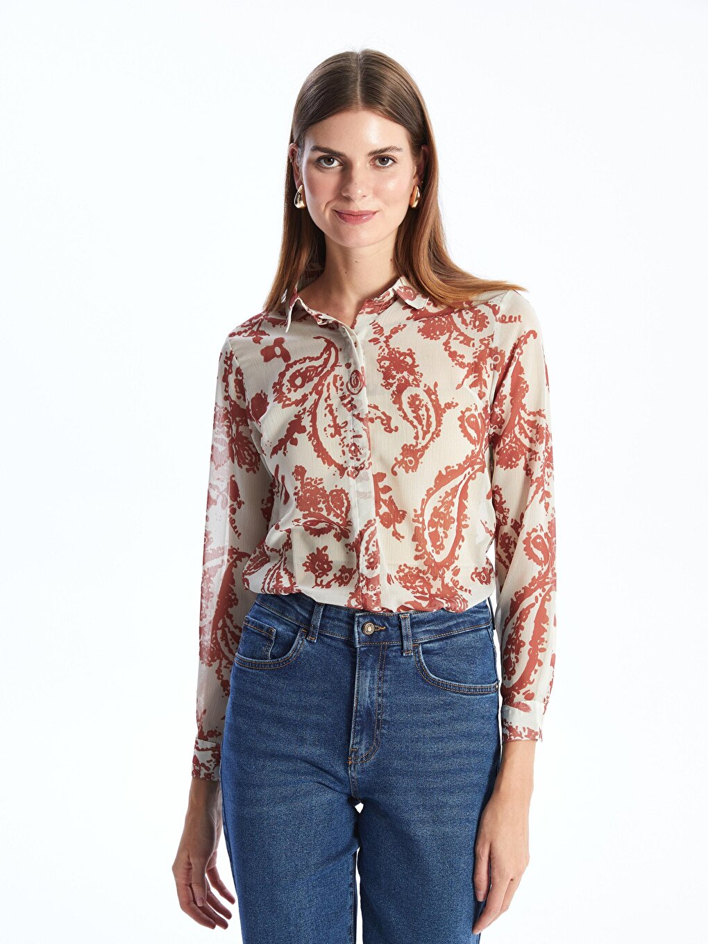 Paisley Pattern Chiffon Shirt in Beige and Cinnamon Colors