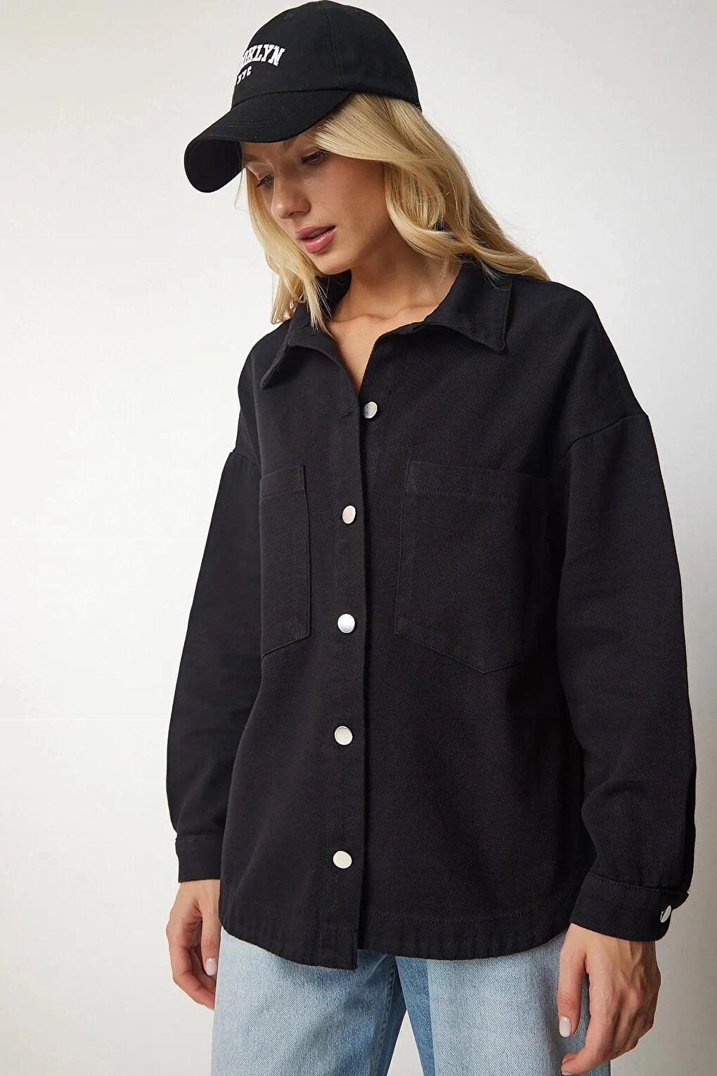 Women's Black Oversize Metal Buttoned Pocket Detailed Shirt Jacket HZL23W-BD1201921