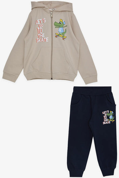 Boy's Tracksuit Set Zippered Skateboarder Crocodile Printed Beige (1.5-5 Years)