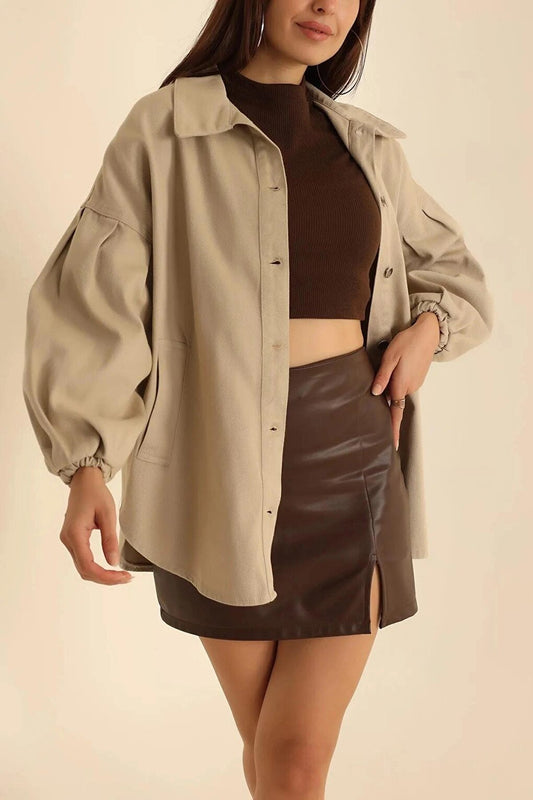 Women's Mink Oversize Gabardine Metal Buttoned Elastic Wrist Jacket HZL23W-BD106841