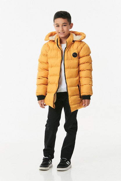 Boy's Puffer Coat with Printed Hood and Zipper