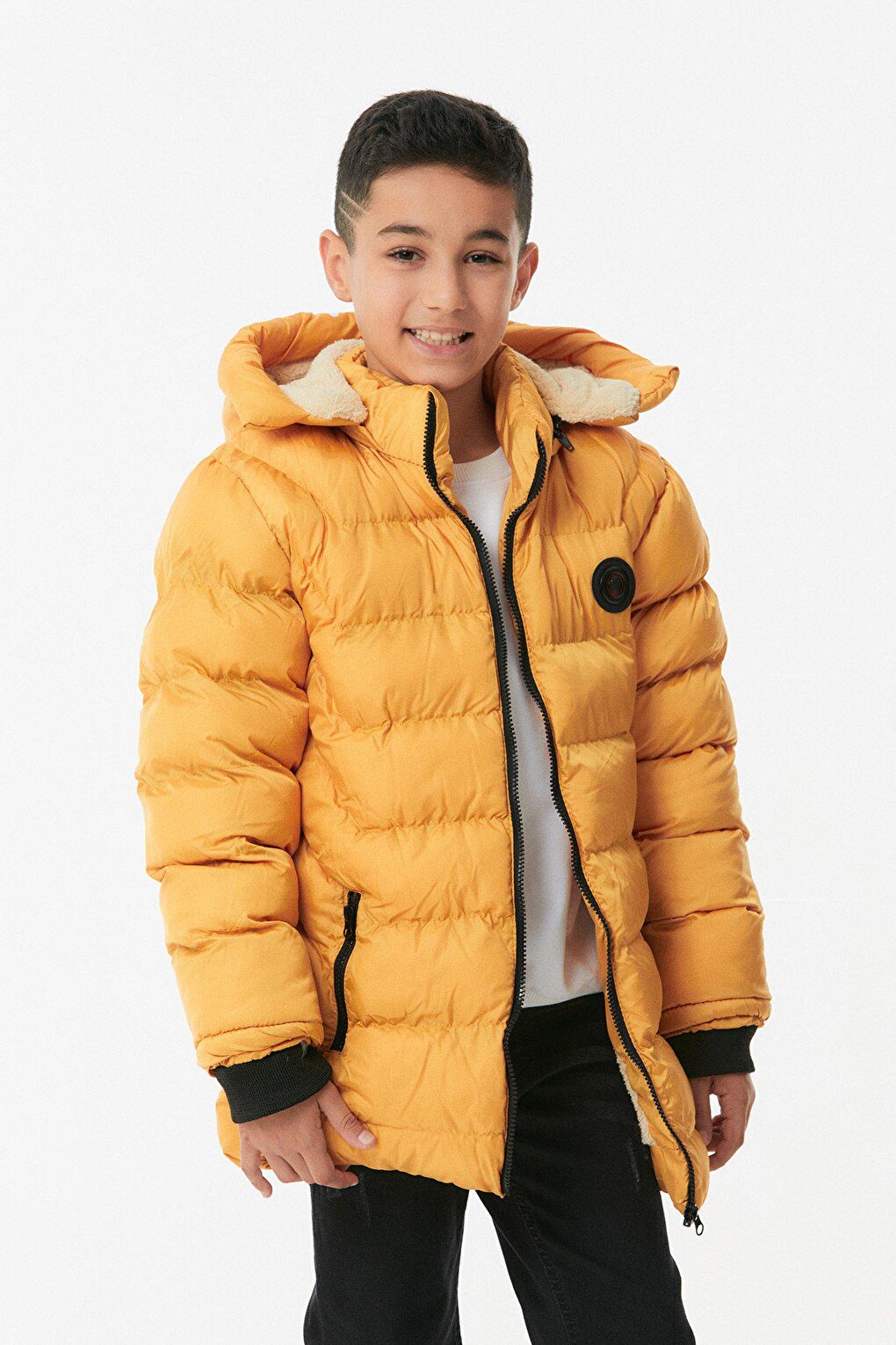 Boy's Puffer Coat with Printed Hood and Zipper