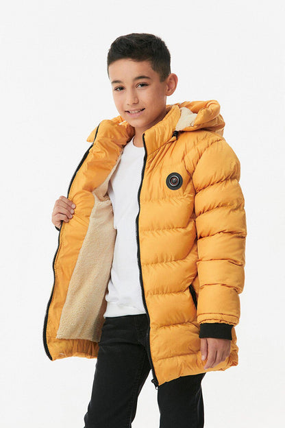 Boy's Puffer Coat with Printed Hood and Zipper