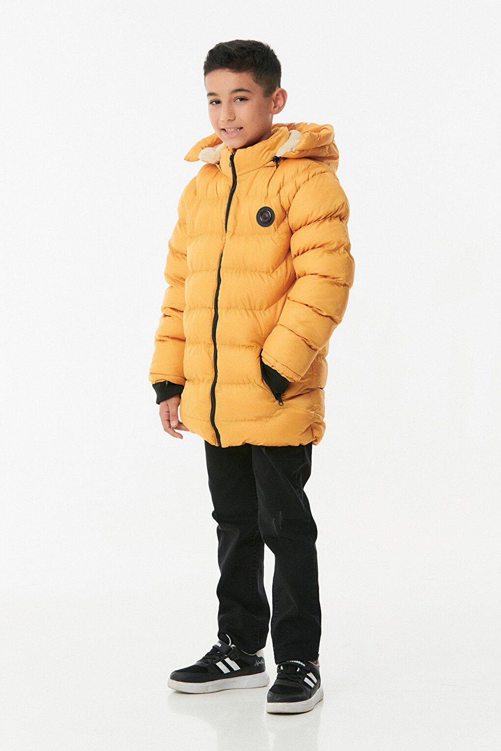 Boy's Puffer Coat with Printed Hood and Zipper