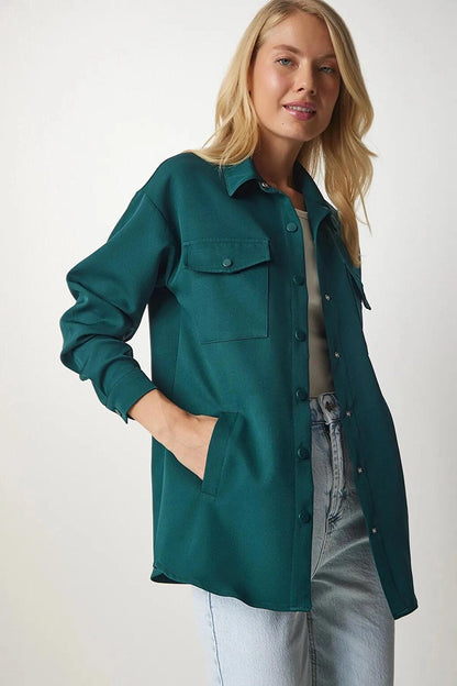 Women's Emerald Green Oversize Snap Button Pocket Detailed Shirt Jacket HZL23W-BD1201941