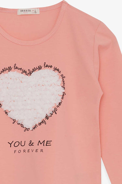 Girl's Long Sleeve T-Shirt Heart Tulle Embroidered Salmon (9-12 Years)