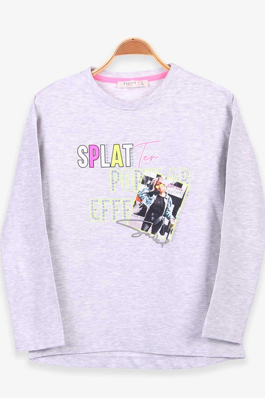 Girl's Long Sleeve T-Shirt Printed Stoned Light Gray Melange (Ages 8-14)