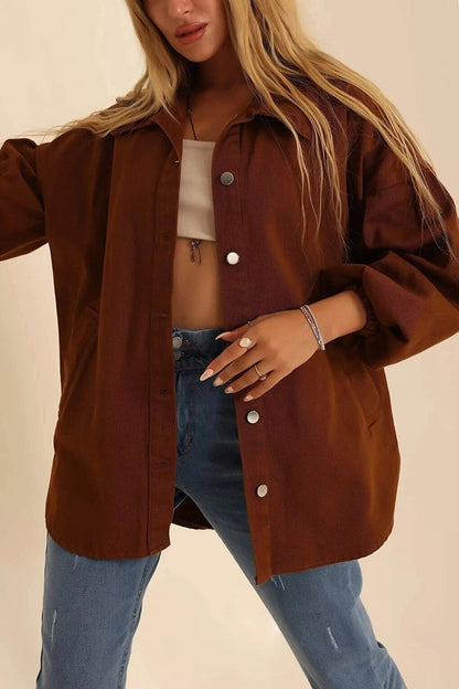 Women's Brown Oversize Gabardine Metal Buttoned Elastic Wrist Jacket HZL23W-BD106841