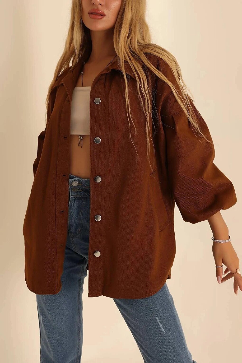 Women's Brown Oversize Gabardine Metal Buttoned Elastic Wrist Jacket HZL23W-BD106841