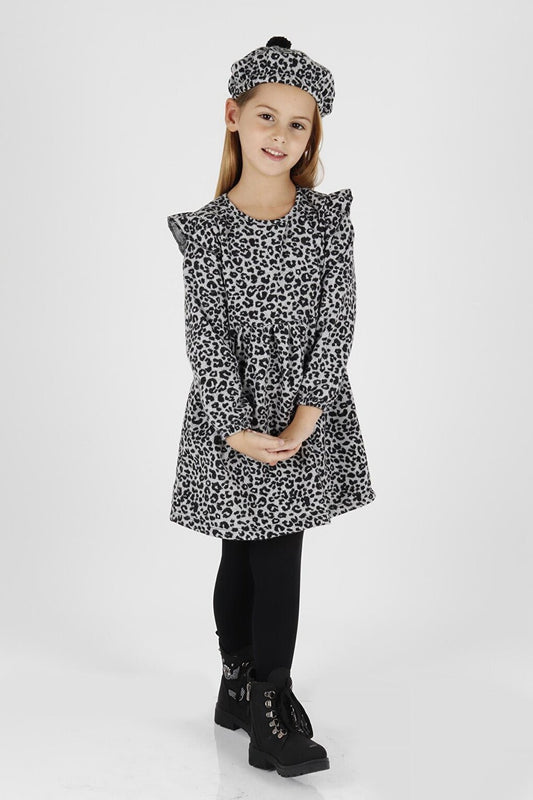 Girl's Leopard Patterned Ruffle Detailed Trendy Dress with Hat Ak2401