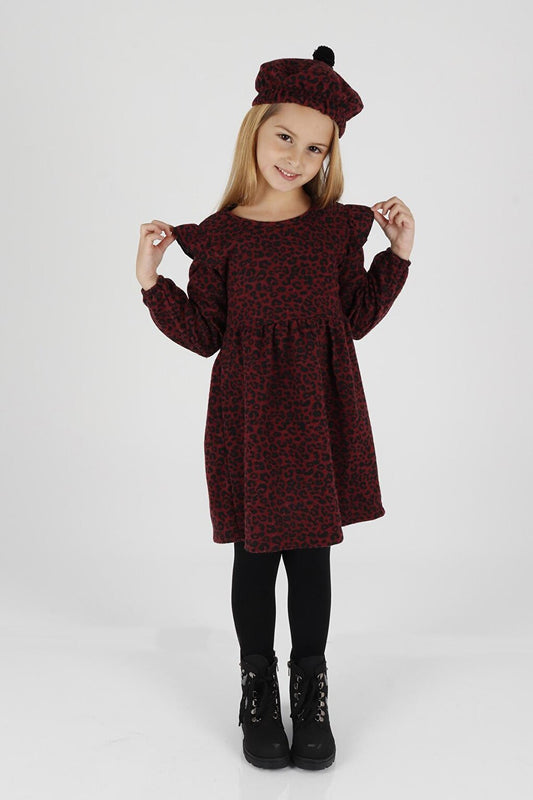 Girl's Leopard Patterned Ruffle Detailed Trendy Dress with Hat Ak2401