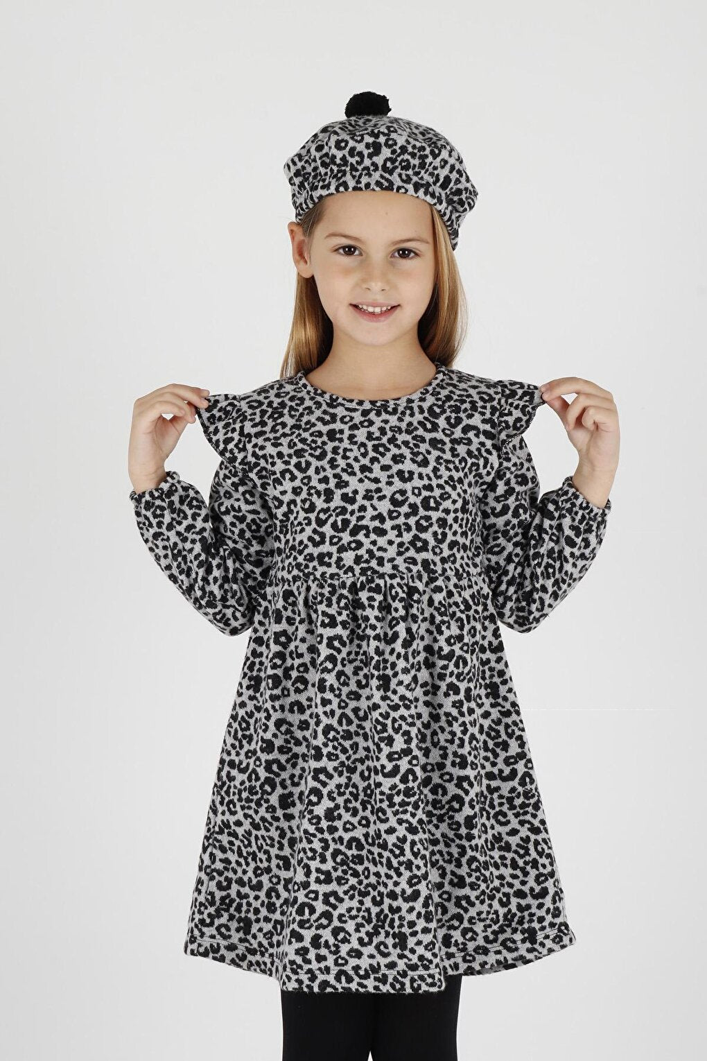 Girl's Leopard Patterned Ruffle Detailed Trendy Dress with Hat Ak2401