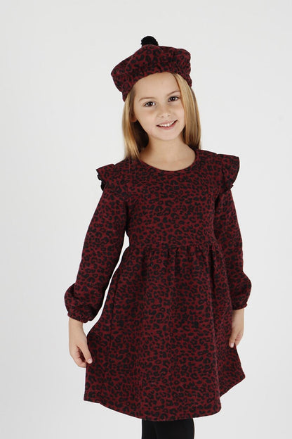 Girl's Leopard Patterned Ruffle Detailed Trendy Dress with Hat Ak2401