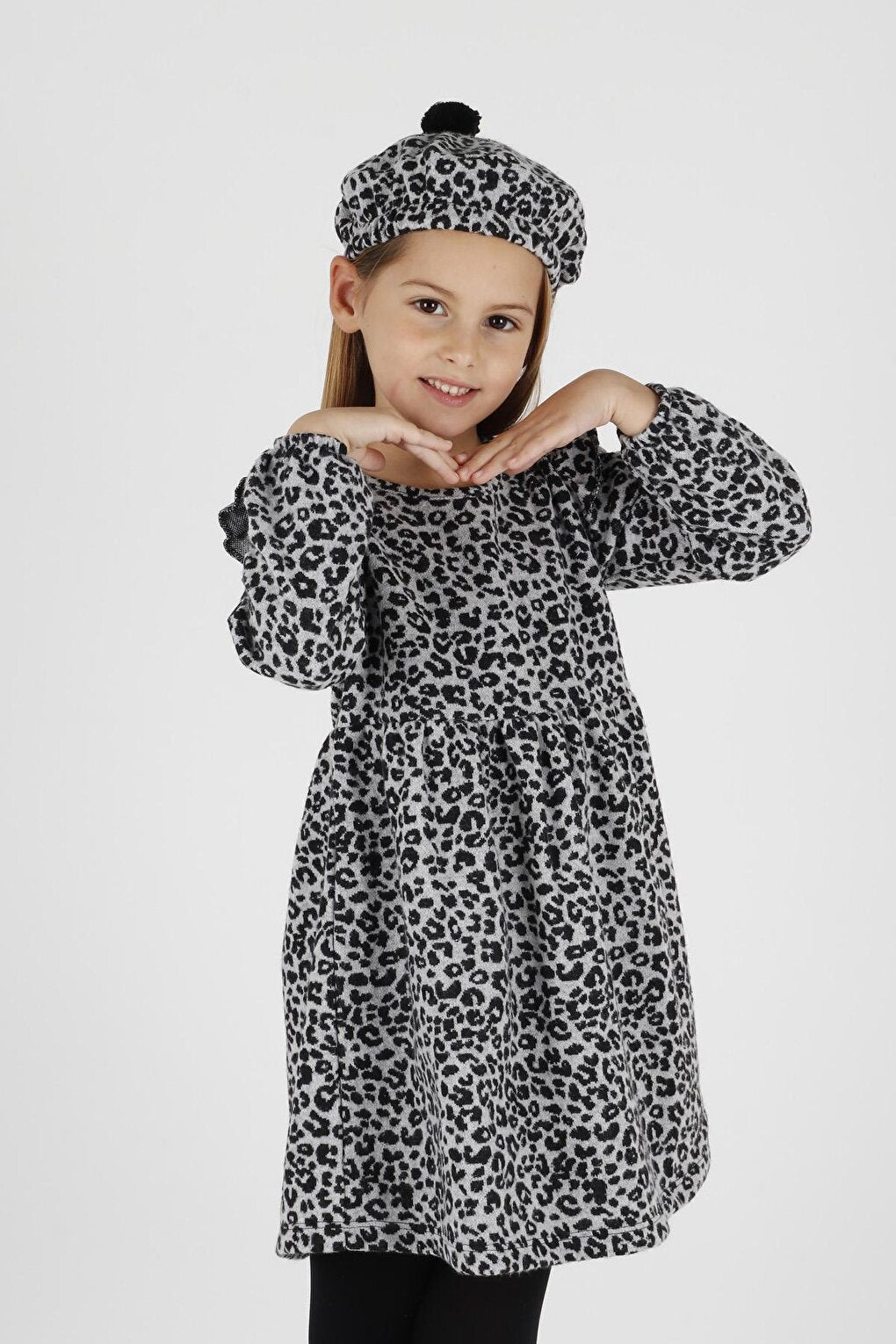 Girl's Leopard Patterned Ruffle Detailed Trendy Dress with Hat Ak2401