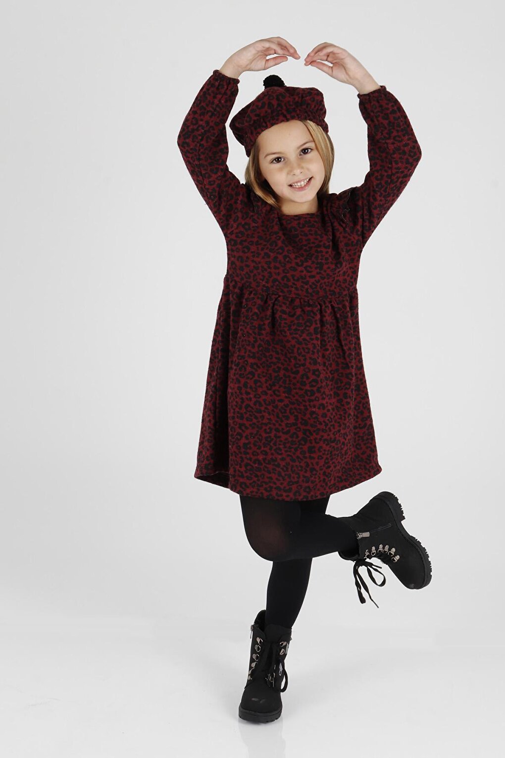 Girl's Leopard Patterned Ruffle Detailed Trendy Dress with Hat Ak2401